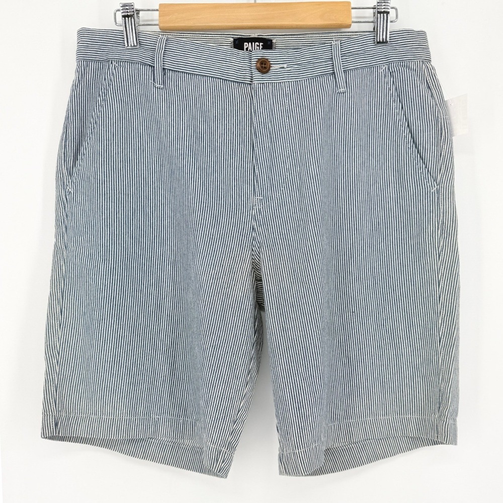 PAIGE Mens New Preppy Coastal Blue Hickory Stripe Cotton Chino Shorts 32 Coastal